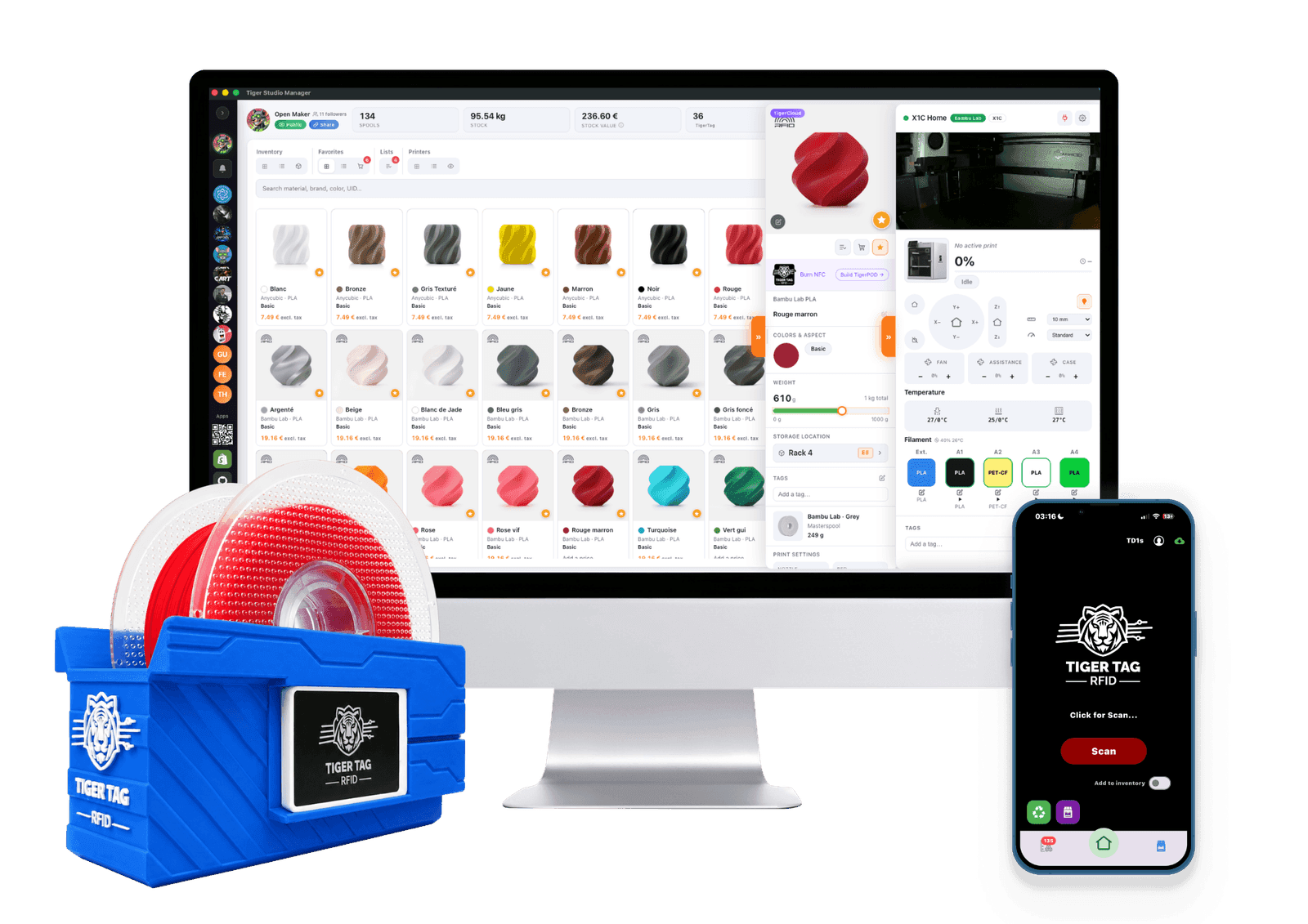 Tiger Studio on a laptop with a live printer panel, and the mobile app Scan screen on a phone